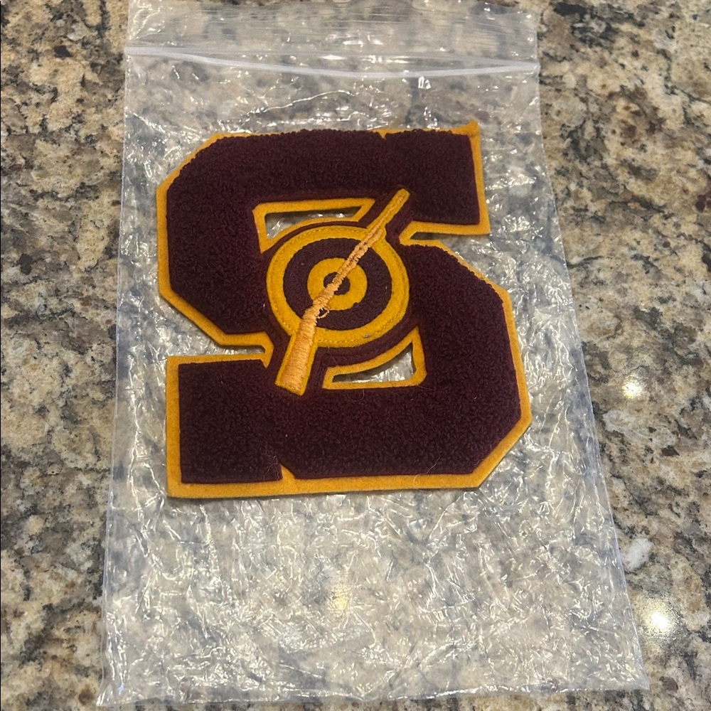 Vintage Letterman Patch “S” with a rifle Maroon and Gold Varsity Patch EVC